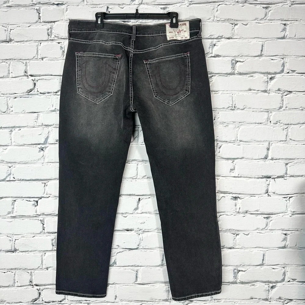 True Religion Mens Geno Relaxed Slim Jeans 36x30 Gray Black Wash Cotton Blend